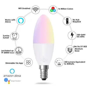 6W V16S Smart Wifi LED Lamp E27 /E14 /B22/E26 Baasi RGB Juhitava App Kaugjuhtimispult Smart hääljuhtimine Küünal Lamp Süttib