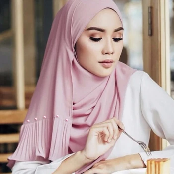 72*185cm trendikas sifonki pärlid sall naistele, moslemi crinkle hijab femme musulman headscarf islami foulard suurrätikud, pea sallid 99048