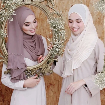 72*185cm trendikas sifonki pärlid sall naistele, moslemi crinkle hijab femme musulman headscarf islami foulard suurrätikud, pea sallid