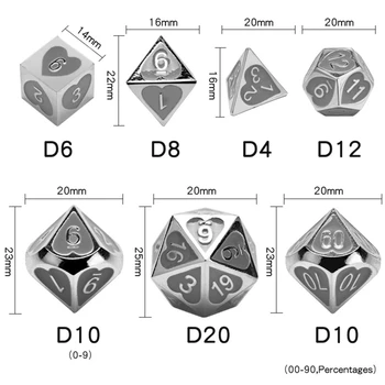 7tk Raskeveokite Metallist Dice Komplekt Solid Polyhedral RPG-Role Playing Game Dice Komplekt d4 d6 d8 d10 d12 d20 d%