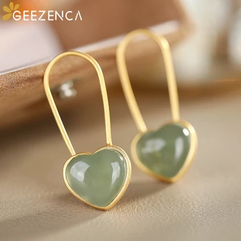 925 Sterling Silver Jewelry Gold Plated Heart Shaped Hetian Jade Drop Earrings For Women Gemstone Earrings Fashion Cute Gift 110084