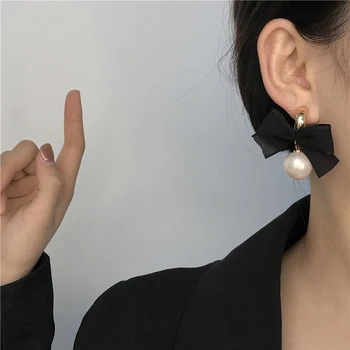AENSOA 2021 Uus Tellitud Kangas, Pits Bowknot Pearl Tilk Kõrvarõngad Armas Musta Värvi Korea Fashion Naiste Ilusad Kõrvarõngad Ehted