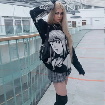 ATSUNSET Retro Vintage Jaapani Stiilis Anime Tüdruk Kootud Kampsun Sügis Puuvilla Pullover Mens Hip-Hop Streetwear Harajuku Kampsun