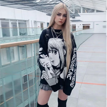 ATSUNSET Retro Vintage Jaapani Stiilis Anime Tüdruk Kootud Kampsun Sügis Puuvilla Pullover Mens Hip-Hop Streetwear Harajuku Kampsun