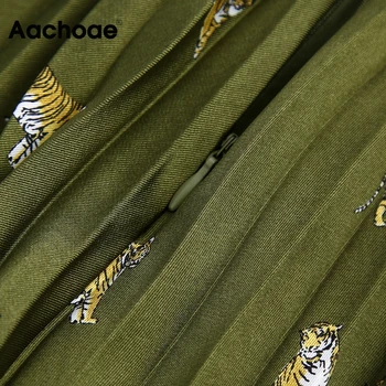 Aachoae Loomade Prindi Satiin Seelik Kõrge Vöökoht Mood Plisseeritud Seelikud Armee Roheline Värv Vintage Midi Seelik Põhjad Mujer Faldas