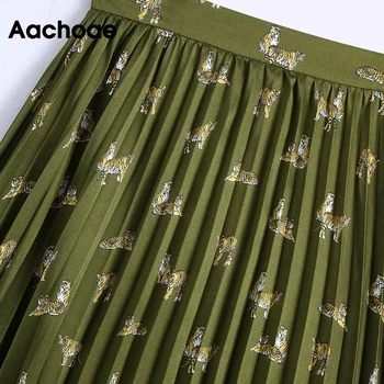 Aachoae Loomade Prindi Satiin Seelik Kõrge Vöökoht Mood Plisseeritud Seelikud Armee Roheline Värv Vintage Midi Seelik Põhjad Mujer Faldas