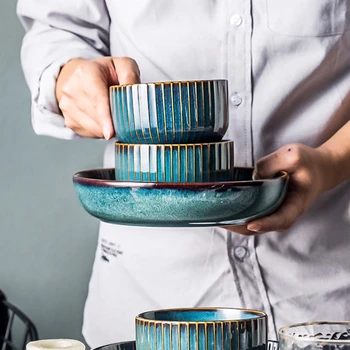 Ahju Klaasimine Protsess Keraamilised Lauanõud Loovust Leibkonna Köök Tarvikud Sinise Vintage Suur Supp Kaussi Plaat Cup Nõud Komplekt