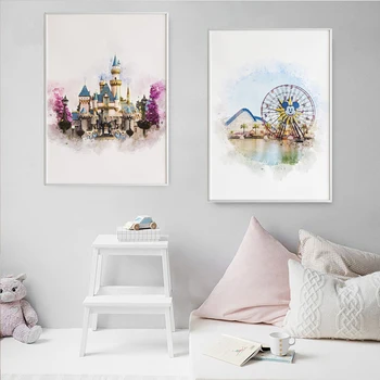 Akvarell Disney Princess Dream Castle Lõuendile Maali Abstraktse Cartoon Plakatid ja Pildid Seina Art Pilte Kid Home Decor