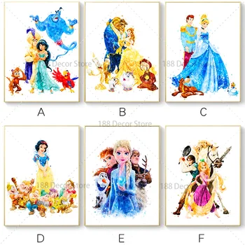 Akvarell Disney Printsess ja Oma Abikaasa Kunsti Disney Lõuendile Maali Poster ja Pildid Seina Art Lapsed Tüdruk Tuba Decor Kingitus