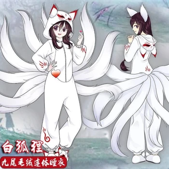 Anime Fox Valge Pidžaama Cosplay Kostüüm Jumpsuits Cartoon Talvel Lapp Kodu Sleepwear Fox Kingad Täiskasvanud Meeste ja Naiste Halloween