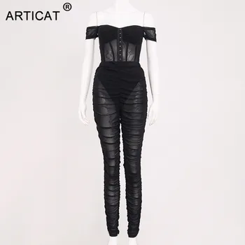Articat Seksikas Vaata Läbi Võre Kahe Töö Seab Naiste Must Lühike Top Pikad Püksid Naiste Kevad Streetwear Kõhn Klubi Kandma Olkaimeton