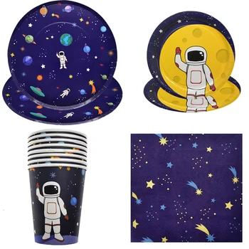 Astronaut Universum Teema Ühekordsed Nõud Set Plaadid Tassi Salvrätikud Pool Astronaut Tagasi Moon Õhupallid Cake Toppers