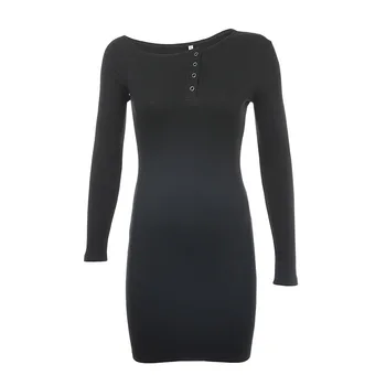 Asümmeetriline Bodycon Must Kleit Nööpi Pikk Varrukas Kleit Juhuslik Kõhn Clubwear Elegantne Kleit Slim 2021 Harajuku Kleit
