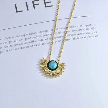 Auxauxme New Bohemian Style Sun Flower Turquoise Pendant Necklace Stainless Steel Women Jewelry Gifts