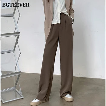 BGTEEVER Casual-Nupp Kõrge Vöökoht Daamid Ülikond Püksid 2021 Suvel Pantalon Elegantne Lahtised Naiste Sirge Põranda-Pikkus Püksid