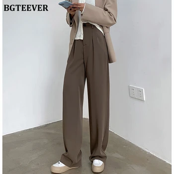 BGTEEVER Casual-Nupp Kõrge Vöökoht Daamid Ülikond Püksid 2021 Suvel Pantalon Elegantne Lahtised Naiste Sirge Põranda-Pikkus Püksid