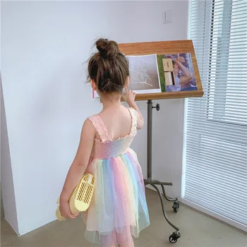 Beebi Tüdrukud Kleit Rainbow 2021 Hot Müük Uus Vikerkaar Pits Cool Kids Printsess Kleit Riided Suvine Varrukateta Armas Laste Kleit 187102