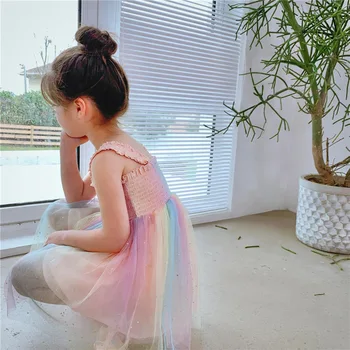 Beebi Tüdrukud Kleit Rainbow 2021 Hot Müük Uus Vikerkaar Pits Cool Kids Printsess Kleit Riided Suvine Varrukateta Armas Laste Kleit