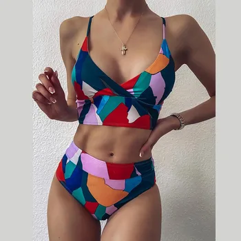 Bikinis Naiste Ujumistrikood Supelrõivad Värvikas Geomeetria Prindi Spagetid Rihmad Kõrge Vöökoht Bikiinid Hawaii Suve Naine Swimwears