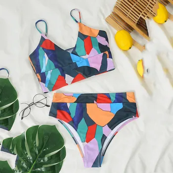Bikinis Naiste Ujumistrikood Supelrõivad Värvikas Geomeetria Prindi Spagetid Rihmad Kõrge Vöökoht Bikiinid Hawaii Suve Naine Swimwears