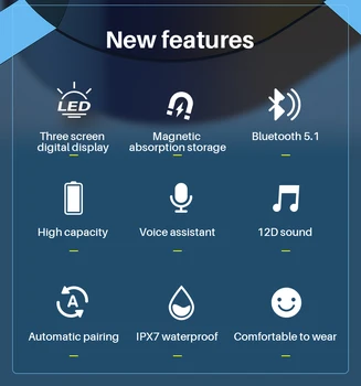 Bluetooth-Kõrvaklapid 5.1 TWS Traadita Kõrvaklapid 12D Bass Mikrofoniga Kõrvaklapid Veekindel Noise Cancel Peakomplekt 2000mah