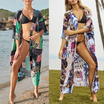 Bohemian Trükitud 2021 Suve Poole Varruka Beach Kandma Pikk Kimono Kampsun, Puuvillane Tuunika Naiste Topid Pluus Särk, Ujumisriided