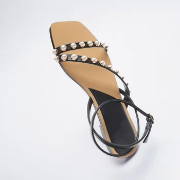 Brand Black Pearl Inkrusteeritud Slingback Korter Naiste Sandaalid Suvel Uus Stiil Square Toe koos Avatud Varvas Tagasi Beaded Korter Sandaalid Must