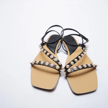 Brand Black Pearl Inkrusteeritud Slingback Korter Naiste Sandaalid Suvel Uus Stiil Square Toe koos Avatud Varvas Tagasi Beaded Korter Sandaalid Must
