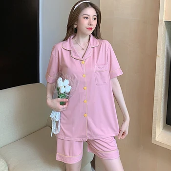 CAIYIER Suvel 2021 Naiste Puuvillane Pidžaama Komplekt Solid Color Armas Tüdrukud korea Rinnamikrofon Särgid+lühikesed Püksid Sleepwear Naine Pehme Kodu Ülikond