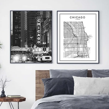 CHICAGO City Kaart Prindib Must-Valge Fotograafia Plakat Kaasaegne Minimalistlik Seina Art-Pildid Lõuendile Maali Office Home Decor 29919
