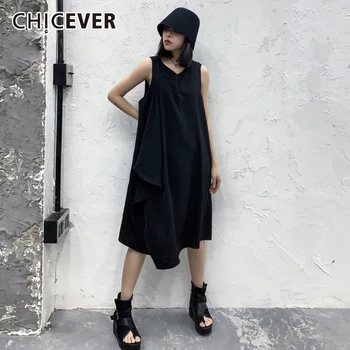 CHICEVER Must Kleit Naistele V Kaela Varrukateta Põlve Pikkus Ebaregulaarne Pullover Tahke Kleidid Naiste Mood 2021 Riided Suve