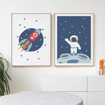 Cartoon Baby Lasteaed Raketi Astronaut Canvas Poster Print Minimalistlik Seina Art Maali Nordic Lapsed Pilte, Poiste Magamistuba Decor