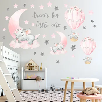 Cartoon Roosa Baby Elevant Seina Kleebised Hot Air Balloon Seina Kleebised Baby Lasteaed Dekoratiivsed Kleebised Kuu ja Tähed Tüdruk 140447
