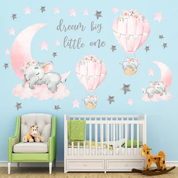 Cartoon Roosa Baby Elevant Seina Kleebised Hot Air Balloon Seina Kleebised Baby Lasteaed Dekoratiivsed Kleebised Kuu ja Tähed Tüdruk