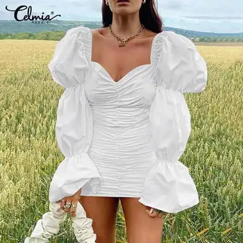 Celmia Mood 2021 Puhkus Bodycon Mini Kleit Naiste Suvine Seksikas Ruut, Krae, Plisseeritud Puhvis Varrukad Sundress Elegantne Vestidos