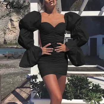 Celmia Mood 2021 Puhkus Bodycon Mini Kleit Naiste Suvine Seksikas Ruut, Krae, Plisseeritud Puhvis Varrukad Sundress Elegantne Vestidos