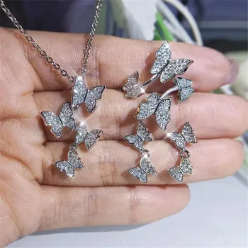 Choucong Uus Vahuvein Luksus ehtekomplekt 925 Sterling Hõbe Sillutada Valge CZ Teemant Vibu Ripats Stud Kõrvarõngas Clavicle Kaelakee