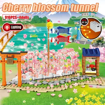 City Street View Cherry Blossom Maja Puu Ehitada ehitusplokid Looja Sõbrad Sakura Inari Pühamu Telliskivi Mänguasjad Lastele