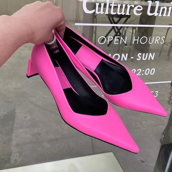 Colorful Pumps Women Block Heel Shoes Simple Sexy Style Female Fashion Chic Moccasin Pointed Toe Spring Party Footwear Brand New