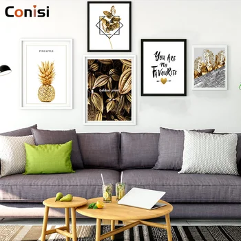 Conisi Põhjamaade Kuldne Abstraktse Leaf Lill Seina Art Lõuend Maali Must-Valged Suled, Plakati Printimine Seina Pilt Home Decor