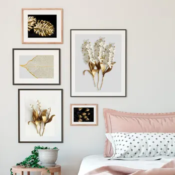 Conisi Põhjamaade Kuldne Abstraktse Leaf Lill Seina Art Lõuend Maali Must-Valged Suled, Plakati Printimine Seina Pilt Home Decor