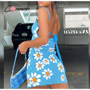 Conmoto Seksikas Spagetid backless strappy varrukateta kleit Y2k õie printida kõhn mini dres Naiste blue beach lühike kleit