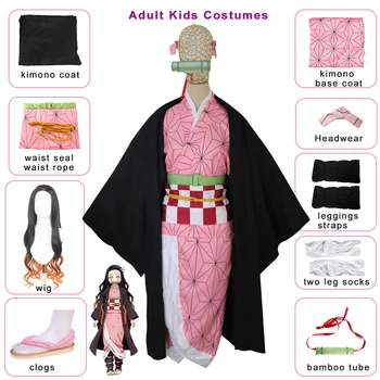 Cosplay Täiskasvanud Lapsed Anime Demon Slayer Kimetsu no Yaiba Kamado Nezuko Naiste Kimono Kingad Parukas Hamba Suu Kinni Cosplay Kostüüm