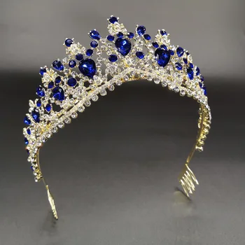 Crystal Morsiamen Tiaras Kuninganna Kroonid Naiste Sinine Rhinestone Barokk Pool Võistlused Diadem Vintage Pulm Juuste Aksessuaarid, Ehted