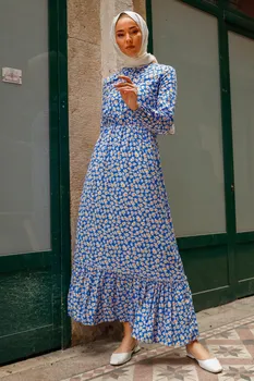 Daisy Lehtede Muster Kootud Kleit Türgi Moslemi Mood Hijab Islam Riided Dubai Istanbulstyles istanbul 2021