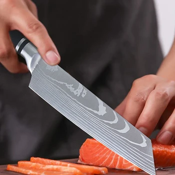 Damast Laser Köök Nuga 8 tolline Professionaalne Jaapani Koka Nuga Roostevabast Terasest Nuga Full Tang Liha Slicer Cleaver
