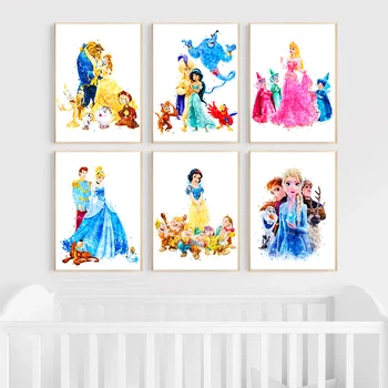 Disney tegelaskujusid Akvarell Princess Prindi Plakat Seina Art ja printimine Lõuendile Maalimine Kids Room Decor Raamimata