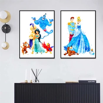 Disney tegelaskujusid Akvarell Princess Prindi Plakat Seina Art ja printimine Lõuendile Maalimine Kids Room Decor Raamimata