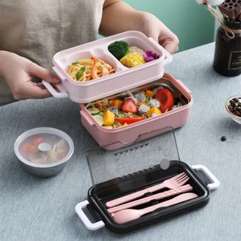 Double-layer Lõuna-Box Koos Lauanõud Tervislik Materjal Kastid Toidu Isoleeritud Ladustamise Mahuti Mikrolaineahi Dinnerware Lunchbox 6151