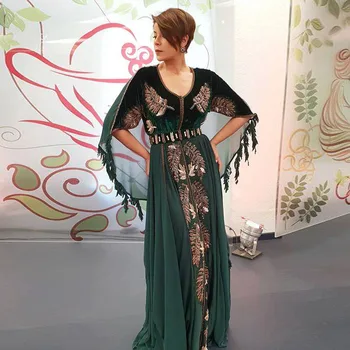 Drak Roheline Maroko Kauhtana Õhtul Kleit V-Kaeluse Põranda Pikkus Suvine Kleit Koos Applique Dubai Moslemi Eriline Tanssiaiset Kleit